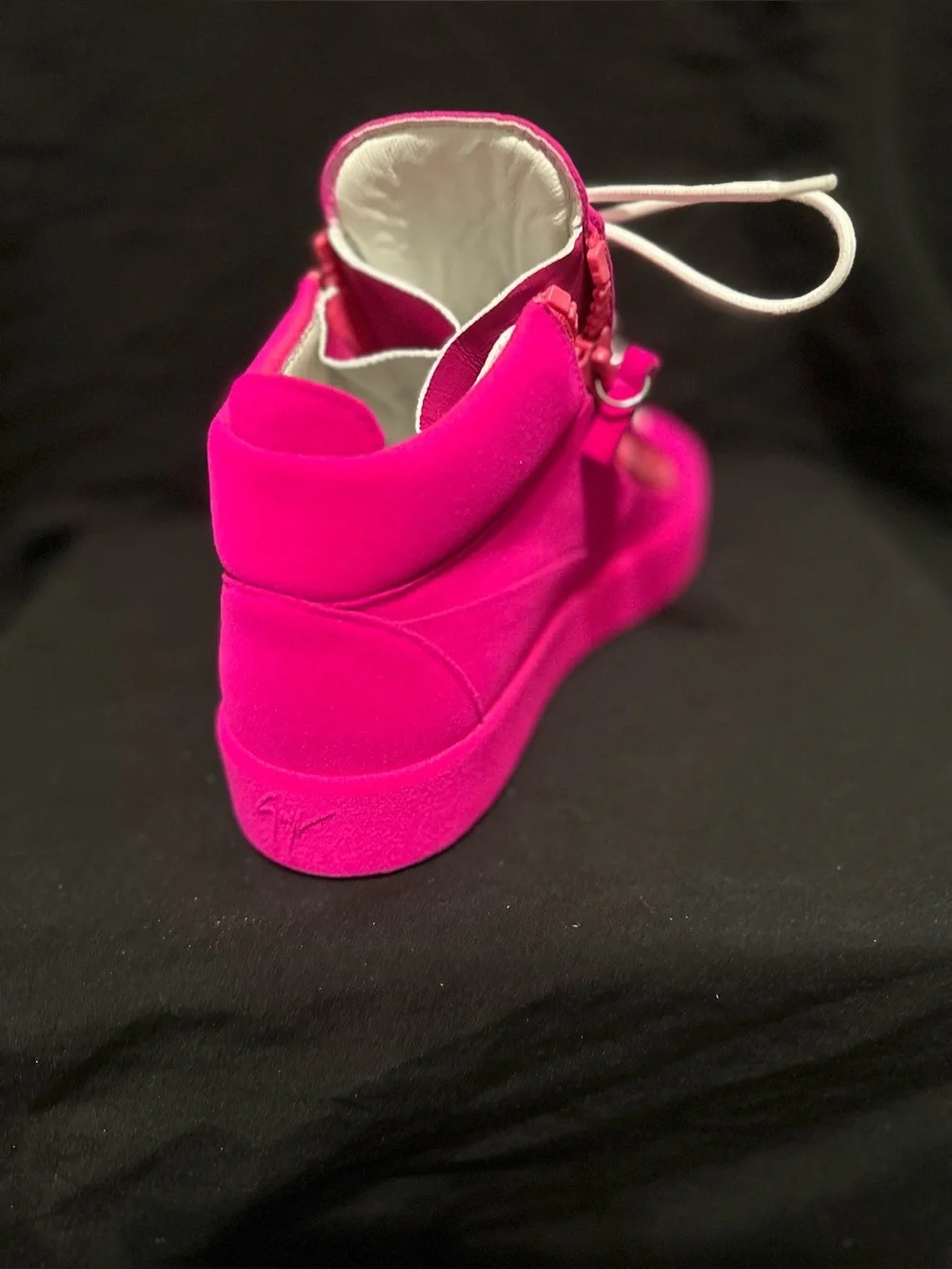 Giuseppe Zanotti Flocked Hot Pink High-Top Sneaker with White Laces